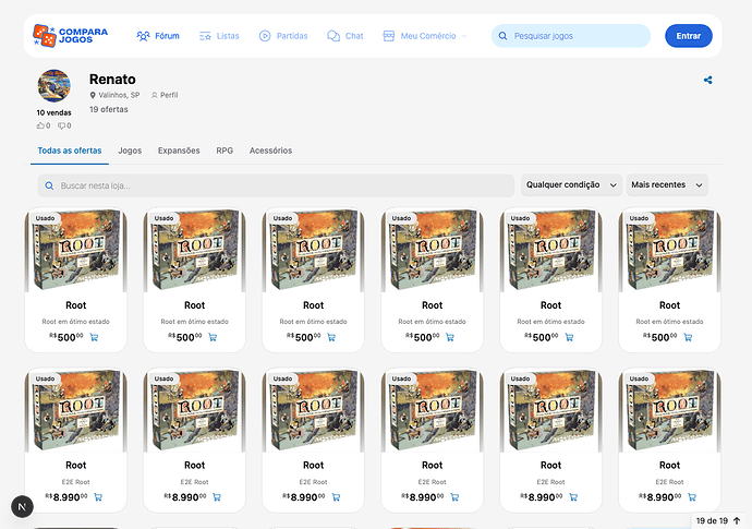 Página da loja de um vendedor