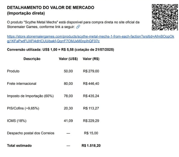 A imagem apresenta um detalhamento de preços e custos relacionados à importação do produto 'Scythe Metal Mechs', incluindo valores em dólares e reais, frete, impostos e o custo total estimado. (Legendado por IA)