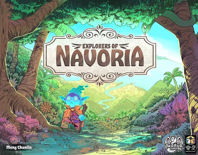 A imagem apresenta uma ilustração vibrante com o título "Explorers of Navoria", mostrando um explorador de aparência mágica em um cenário de floresta e montanhas. (Captioned by AI)