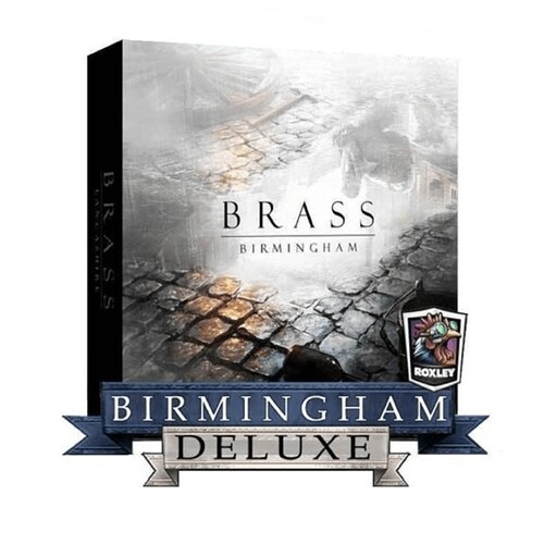 A imagem mostra a caixa do jogo de tabuleiro "Brass: Birmingham" na edição deluxe, destacando uma arte sombria e urbana. (Legendado por IA)