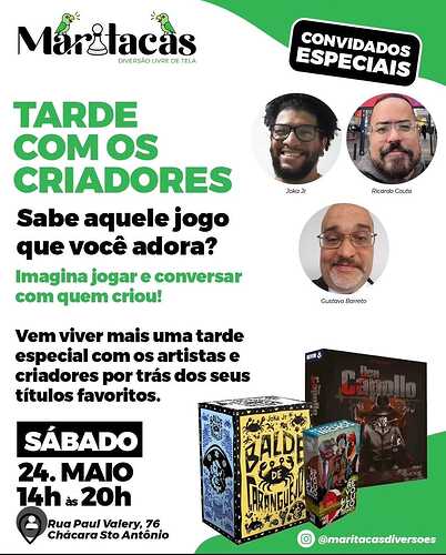 Uma promoção de um evento chamado "Tarde com os Criadores," onde os participantes poderão jogar e conversar com os criadores de jogos, destacado por ilustrações de jogos na parte inferior e fotos de convidados especiais. (Legendado por IA)
