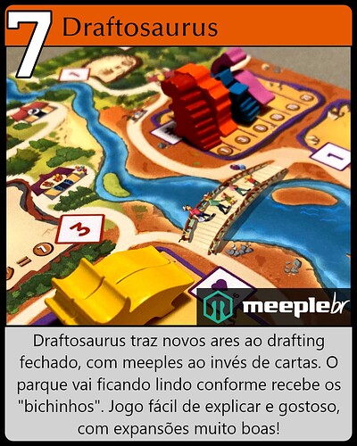A imagem apresenta uma ilustração do jogo "Draftosaurus", destacando seus componentes coloridos e a descrição de suas mecânicas. (Legendado por IA)