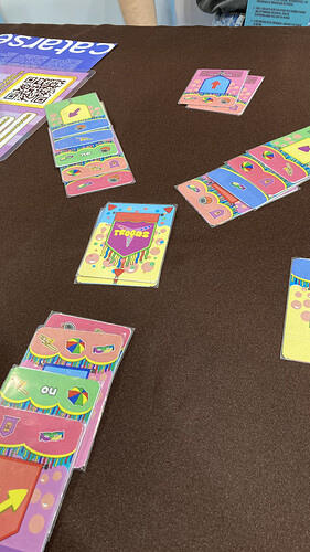 A imagem mostra um conjunto colorido de cartas dispostas sobre uma mesa marrom, com algumas cartas visíveis que parecem fazer parte de um jogo de tabuleiro. (Legendado por IA)