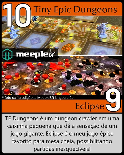 A imagem apresenta os jogos "Tiny Epic Dungeons" e "Eclipse", destacando-os como favoritos de mesa, com uma descrição dos elementos dos jogos e seu design. (Legendado por IA)