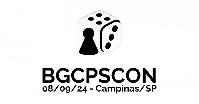 A imagem exibe o logotipo do evento "BGCPSCON", marcado para 08/09/24 em Campinas/SP, acompanhado de uma representação gráfica de um dado e uma peça de jogo. (Captioned by AI)
