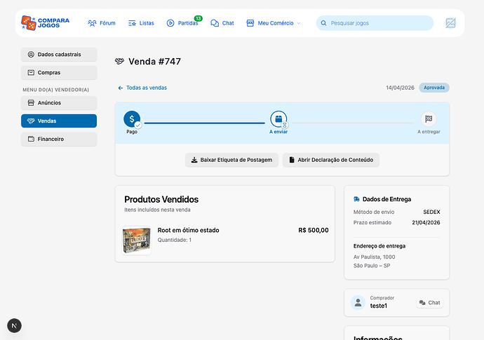 Página da venda com botões de etiqueta e declaração
