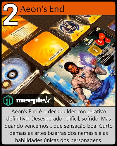 A imagem apresenta o jogo "Aeon's End", destacando características como ser um deckbuilder cooperativo com artes únicas e desafiadoras. (Legendado por IA)