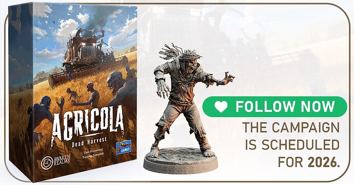 A imagem apresenta a caixa do jogo "Agricola: Dead Harvest" com uma ilustração apocalíptica e uma miniatura de um personagem, juntamente com informações sobre o lançamento da campanha prevista para 2026. (Legendado por IA)