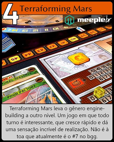 A imagem apresenta o jogo "Terraforming Mars", destacando-o como uma experiência de construção de motores inovadora e envolvente. (Legendado por IA)
