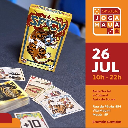 A imagem apresenta o jogo de cartas "Spicy" em destaque, com suas cartas espalhadas sobre uma mesa, enquanto anuncia um evento de jogos que ocorrerá em Mauá, SP. (Legendado por IA)