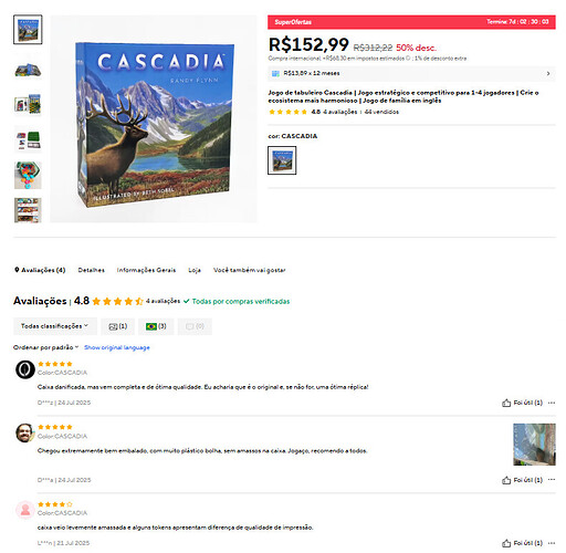 A imagem apresenta um jogo de tabuleiro chamado "Cascadia", que está à venda com um desconto de 50%, destacando seu preço e avaliações de usuários. (Legendado por IA)