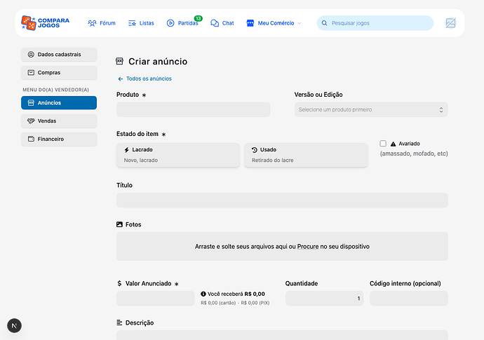 Formulário de criação de anúncio