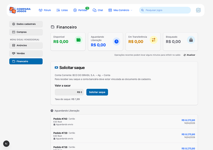 Página Financeiro com cards de saldo